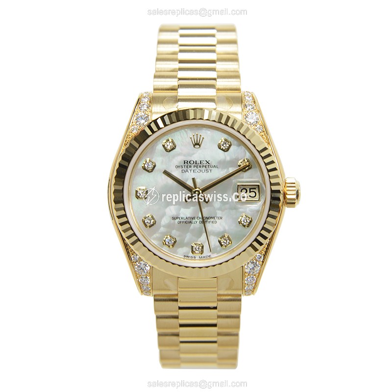 Rolex DATEJUST Replica - Automatic - 18kt Gold Case - White Dial - Gold Clasp - View 2
