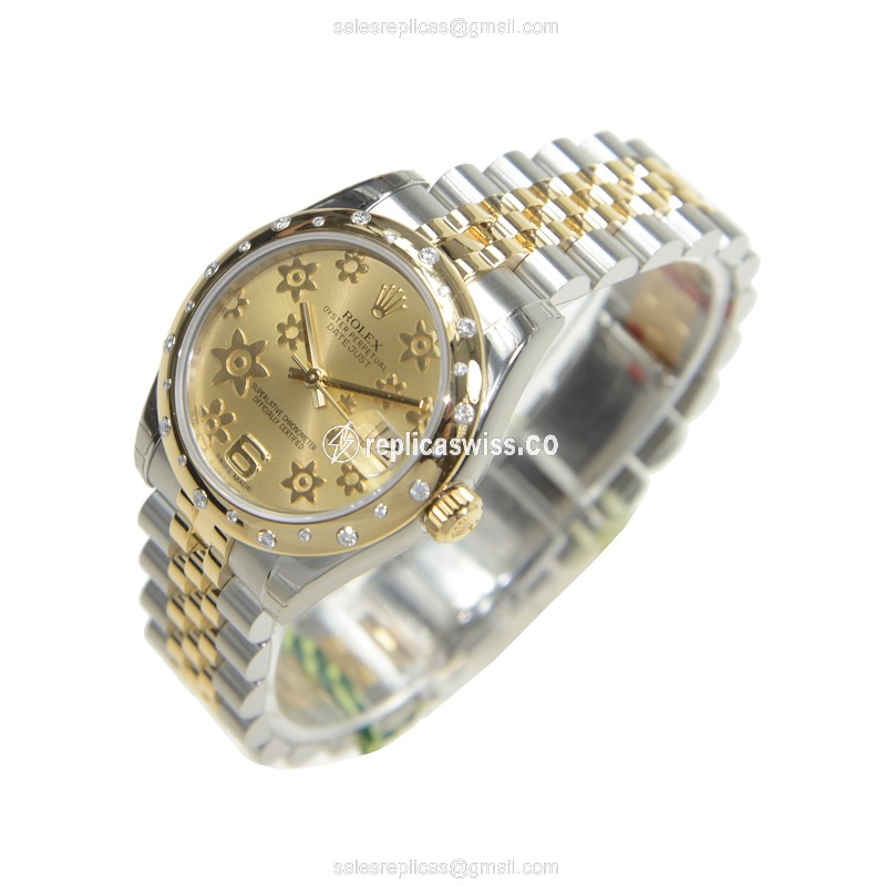 Rolex Lady Datejust Replica - Automatic - Gold Dial - Silver Clasp - Silver Strap - View 3
