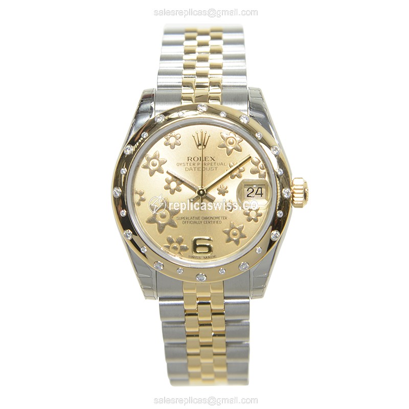 Rolex Lady Datejust Replica - Automatic - Gold Dial - Silver Clasp - Silver Strap - View 2