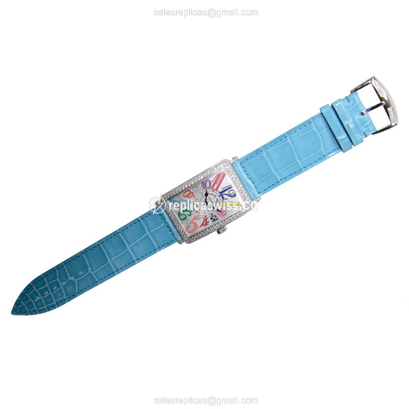 Franck Muller 1002 QZ COL DRM D OG Long Island Replica - Quartz - 18kt White Gold - Diamond - Silver Dial - Blue Alligator Strap - Buckle - View 2