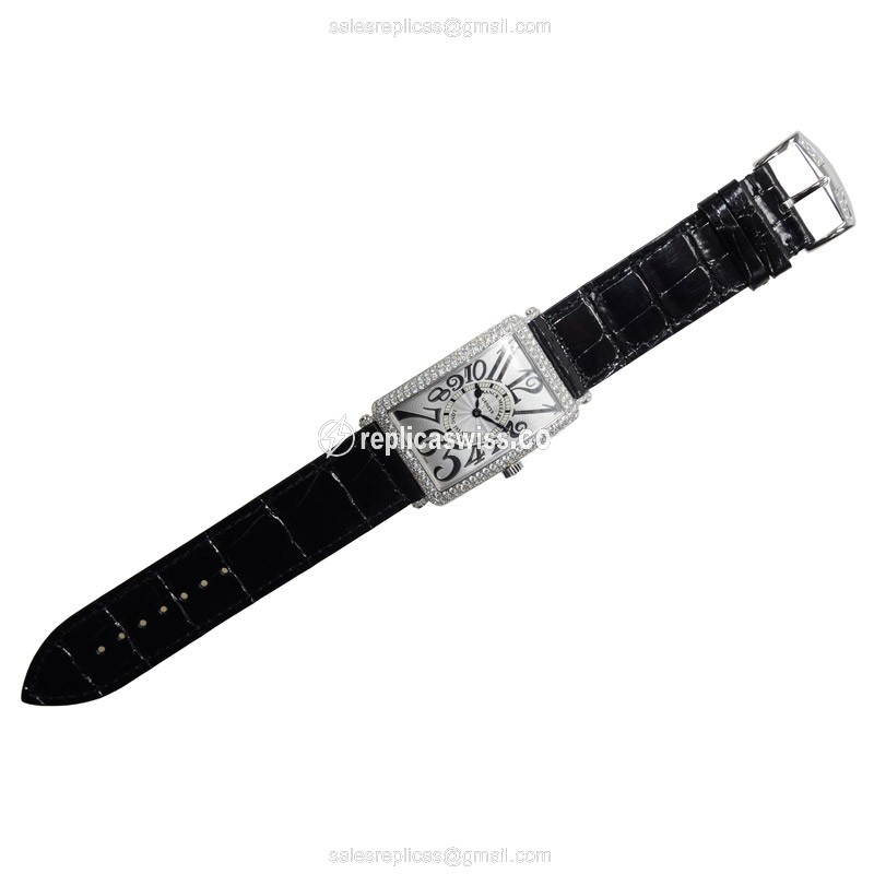 Franck Muller 1002 QZ D Replica - Quartz - 18kt White Gold - Diamond - Silver Dial, Black Leather Strap - View 2