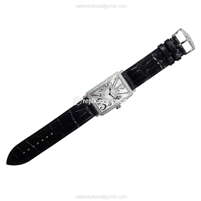 Franck Muller 1002QZD Replica - Quartz - 18kt White Gold - Diamond - Silver Dial - Leather Black Strap - View 2
