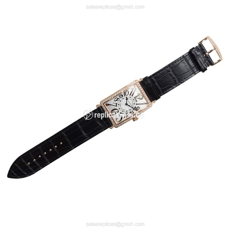 Franck Muller 1002 QZ REL D 1R Replica - Quartz - 18kt Rose Gold - Diamond Dial - Silver Case - Leather Strap - View 2