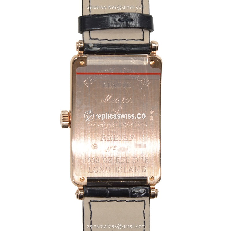 Franck Muller 1002 QZ REL D 1R Replica - Quartz - 18kt Rose Gold - Diamond Dial - Silver Case - Leather Strap - View 3