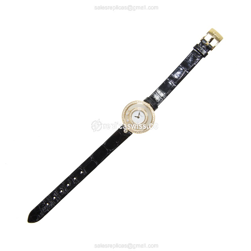 Chopard Replica Happy Diamonds - Quartz - 18kt Gold - White Dial - Black Alligator Strap - View 2
