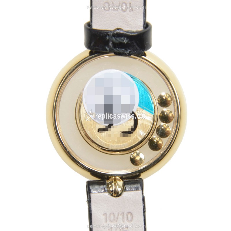 Chopard Replica Happy Diamonds - Quartz - 18kt Gold - White Dial - Black Alligator Strap - View 3