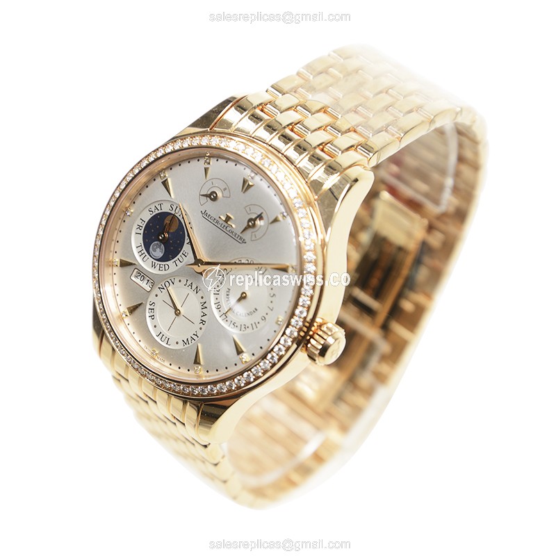 Jaeger-Lecoultre Q1612103 Replica - Manual - 18kt Rose Gold Case - Diamonds - Silver Dial - Gold Strap - View 3
