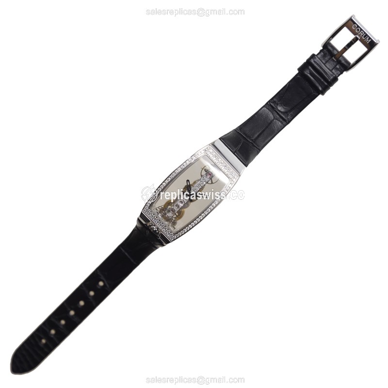 Corum Bridge Replica - Manual Wind - 18kt White Gold - Diamond Dial - Black Alligator Strap - View 2