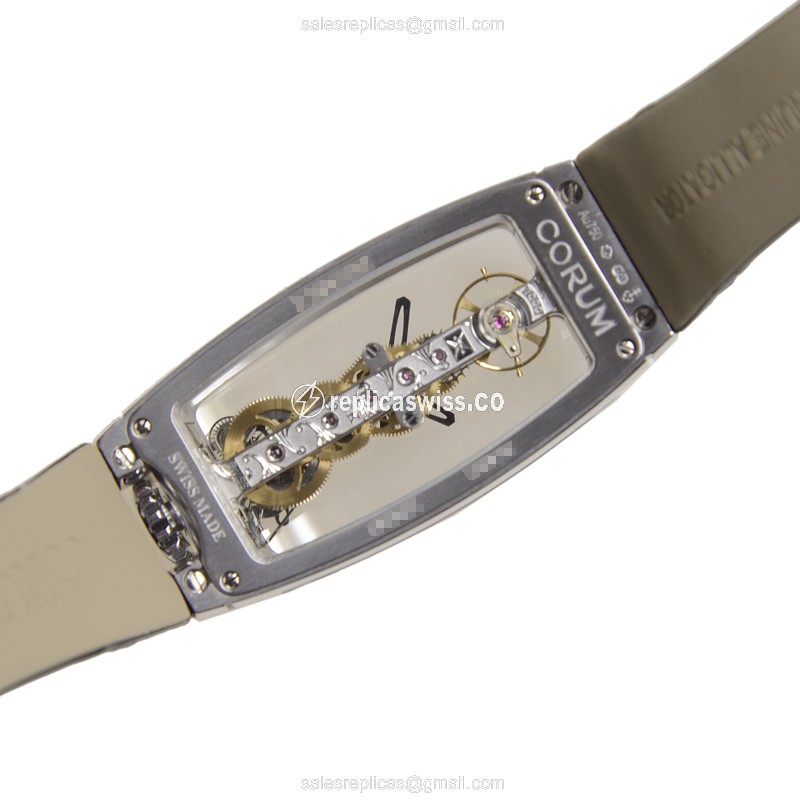 Corum Bridge Replica - Manual Wind - 18kt White Gold - Diamond Dial - Black Alligator Strap - View 3