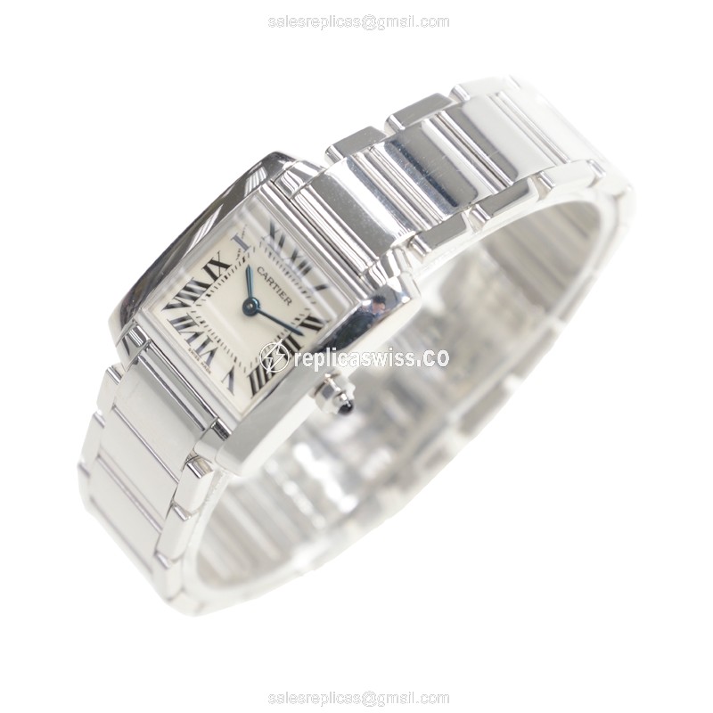 Cartier TANK W50012S3 - Quartz - 18kt White Gold Case - White Dial - Silver Strap - View 3