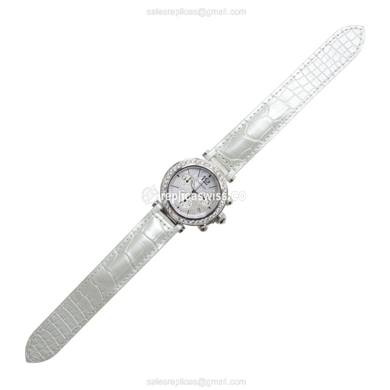 Cartier Pasha Replica - Quartz - 18kt White Gold - Diamond Dial - White Alligator Strap - View 2