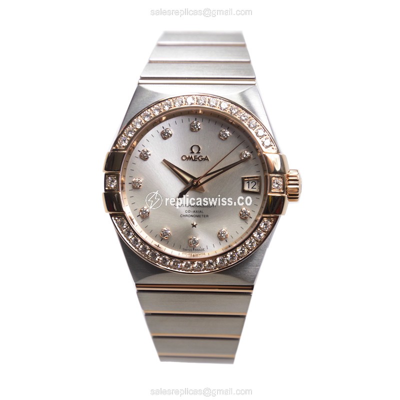Omega Constellation Replica - Automatic 18kt Rose - Diamond Silver Dial - Steel Silver Clasp - View 2