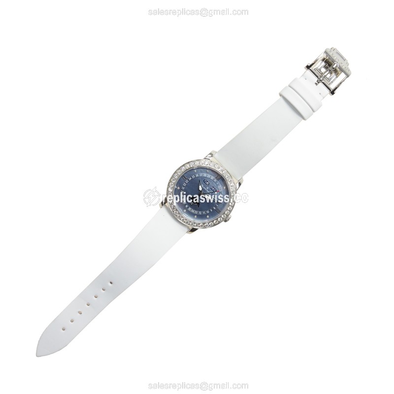 Blancpain 3663-4654L-52B Replica - Automatic - Diamond Case - Blue Dial - White Satin Strap - View 2