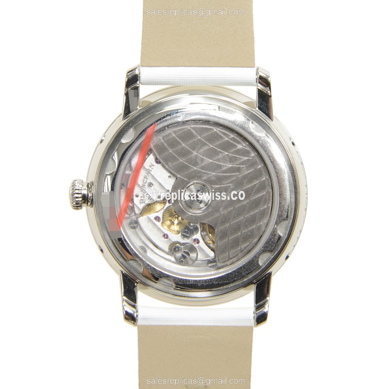 Blancpain 3663-4654L-52B Replica - Automatic - Diamond Case - Blue Dial - White Satin Strap - View 3