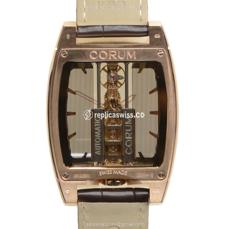 Corum BRIDGE Replica - Automatic - 18kt Rose Gold - Gold Dial - Brown Alligator Strap - View 3