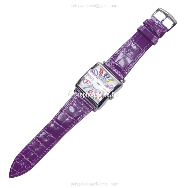 Franck Muller 6002 Master Square Replica - Quartz - 18kt White Gold - Silver Dial on Purple Alligator Strap - View 2