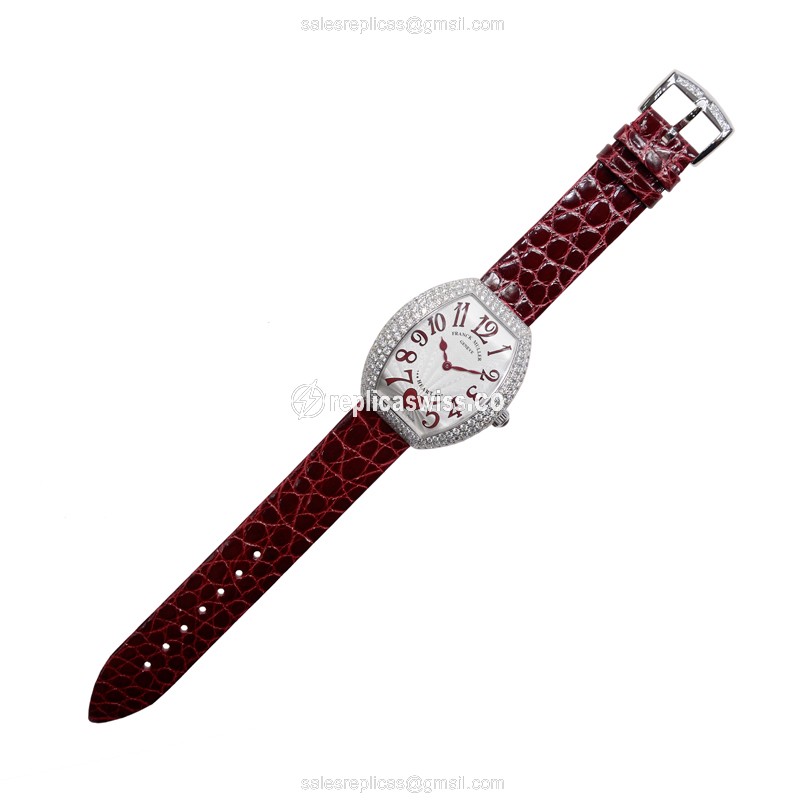 Franck Muller 5002 M QZ C 6H D3 Replica - Quartz - 18kt White Gold - Diamond - Silver Dial - Red Alligator Buckle - View 2