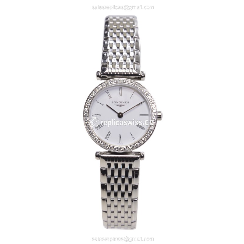Longines LA GRANDE Quartz - Diamond Case - White Dial - Silver Clasp & Steel Strap - View 2