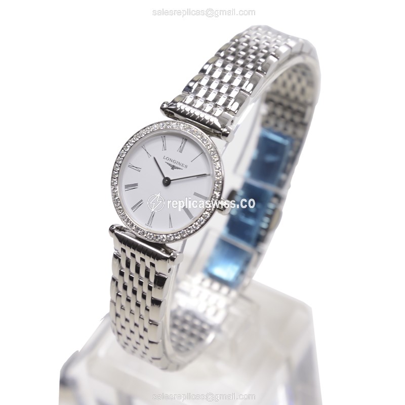 Longines LA GRANDE Quartz - Diamond Case - White Dial - Silver Clasp & Steel Strap - View 3