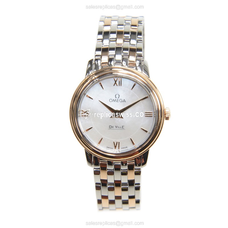 Omega De Ville Replica - Quartz - 18kt Rose Gold Case - White Dial - Gold Steel Strap - View 2