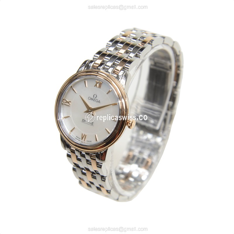Omega De Ville Replica - Quartz - 18kt Rose Gold Case - White Dial - Gold Steel Strap - View 3