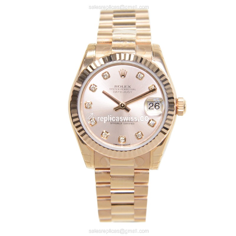 Rolex Lady Datejust Replica - Automatic, 18kt Rose Gold - Gold Dial, Gold Strap - View 2