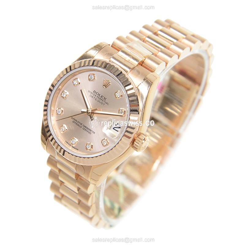 Rolex Lady Datejust Replica - Automatic, 18kt Rose Gold - Gold Dial, Gold Strap - View 3