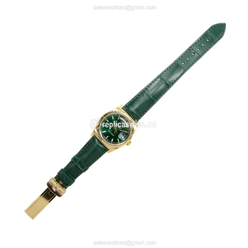 Rolex DAY-DATE Replica - Automatic - 18kt Gold - Dark Green Dial, Leather Strap - View 2