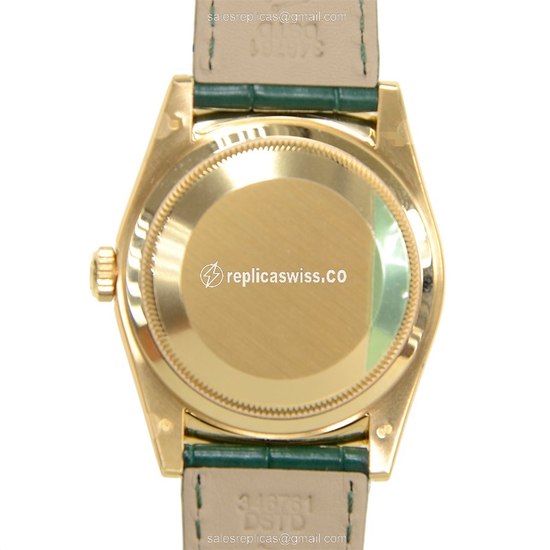 Rolex DAY-DATE Replica - Automatic - 18kt Gold - Dark Green Dial, Leather Strap - View 3