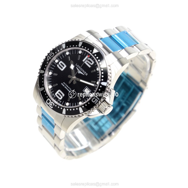 Longines CONQUEST Replica - Automatic - Steel Case - Black Dial on Silver Strap - View 3