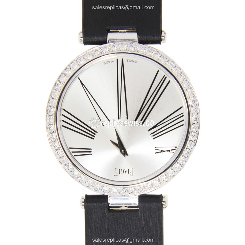 Piaget LIMELIGHT Replica - Quartz - 18kt Gold - Silver Dial - Black Silk Strap - View 2