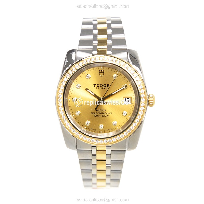 Tudor Classique Replica - Automatic - 18kt Gold & Diamond - Silver Dial - Steel Strap - View 2