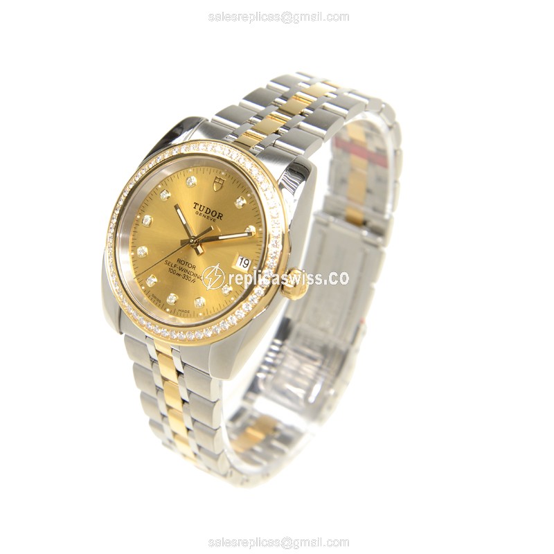 Tudor Classique Replica - Automatic - 18kt Gold & Diamond - Silver Dial - Steel Strap - View 3