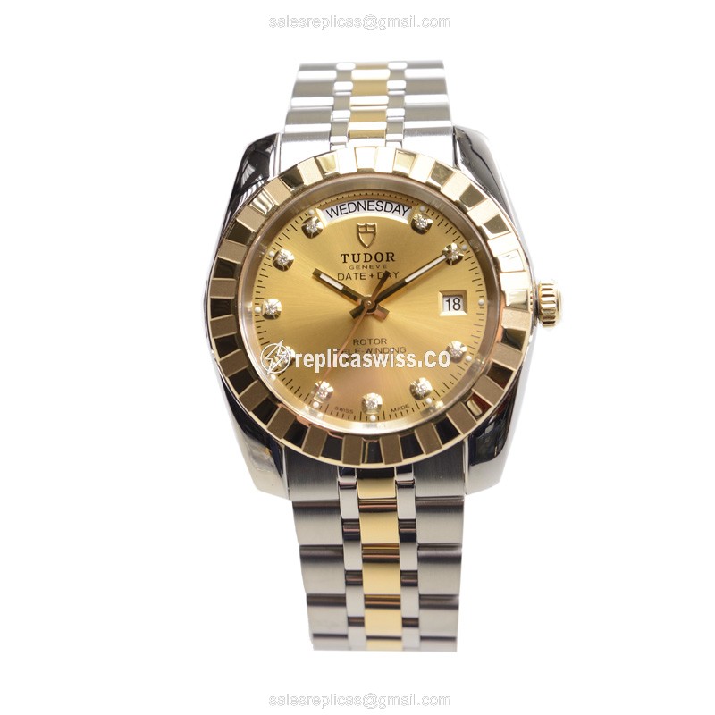 Tudor Classic 23013-62113-10DI-CH - Automatic - 18kt Gold & Steel - Gold Dial - Silver Strap - View 2