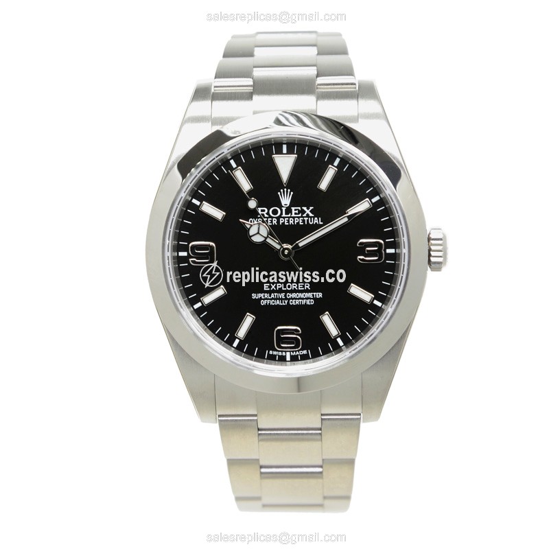 Rolex Explorer Replica - Automatic - Steel Case, Black Dial on Silver Strap - View 2