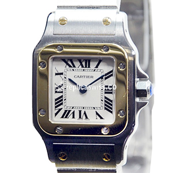 Cartier Santos Quartz Replica - 18kt Gold & Steel - White Dial - Silver Strap - View 2