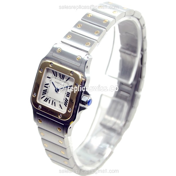 Cartier Santos Quartz Replica - 18kt Gold & Steel - White Dial - Silver Strap - View 3