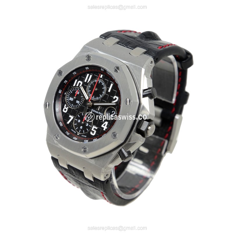 Royal Oak Offshore Replica - Audemars Piguet - Automatic - Black Dial - Stainless Steel - Alligator Black Strap - View 3