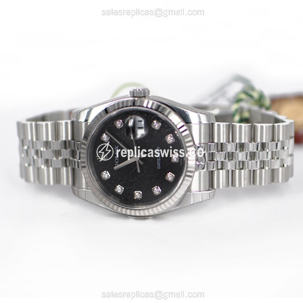Rolex OYSTER PERPETUAL Replica - Automatic - White Gold & Steel - Black Dial, Silver Clasp - View 4