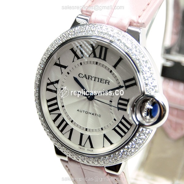 Cartier Ballon Bleu Replica - Automatic 18kt White Gold - Diamond Dial - Pink Alligator Strap - View 3