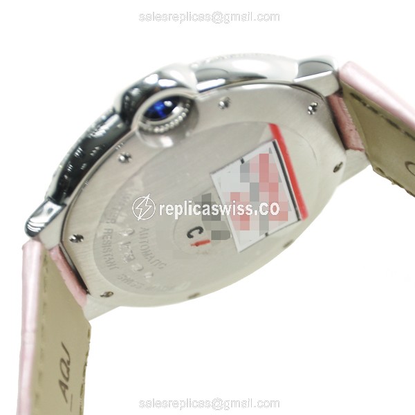Cartier Ballon Bleu Replica - Automatic 18kt White Gold - Diamond Dial - Pink Alligator Strap - View 4