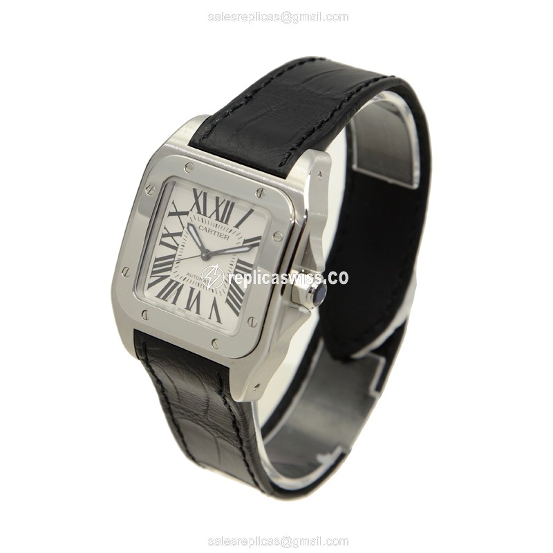 Cartier Santos Replica - Automatic - Steel Case - White Dial - Black Alligator Strap - View 3