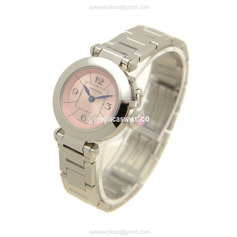 Cartier Pasha Replica - Quartz - Steel Case - Pink Dial - Silver Steel - View 3