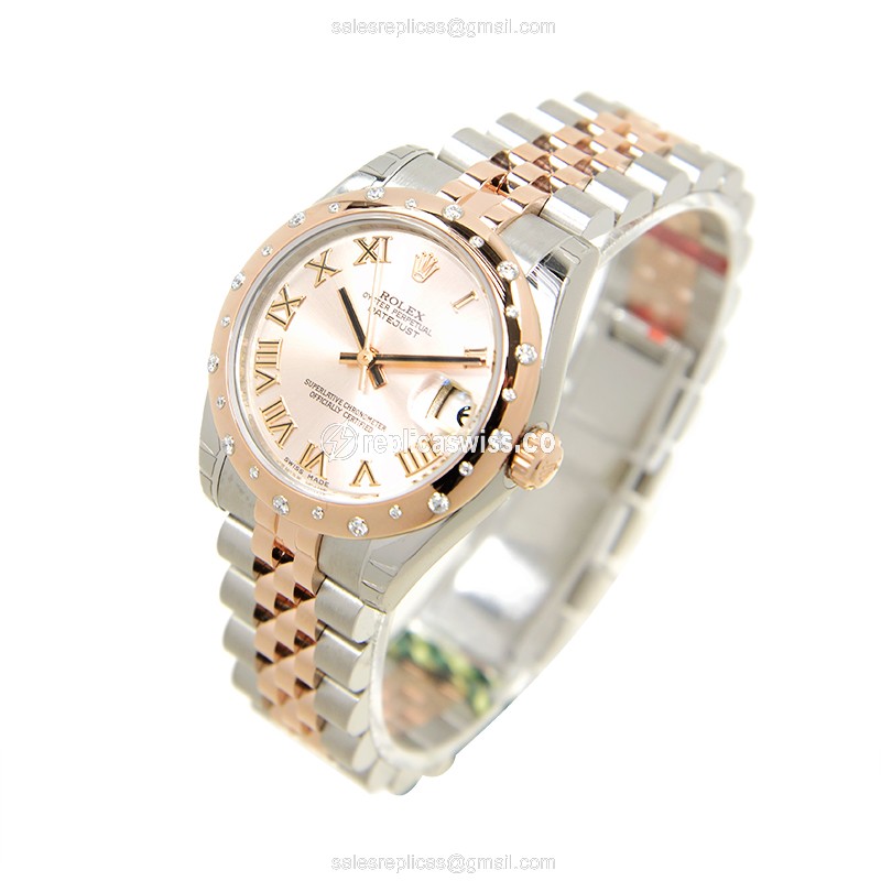 Rolex Lady Datejust Replica - Auto - 18kt Rose & Steel Case - Pink Dial - Silver Band - View 3