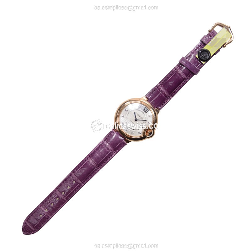 Cartier Ballon Bleu Replica - Automatic - 18kt Rose Gold - Silver Dial - Alligator Purple Buckle - View 2