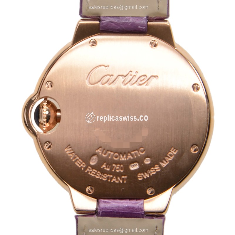 Cartier Ballon Bleu Replica - Automatic - 18kt Rose Gold - Silver Dial - Alligator Purple Buckle - View 3