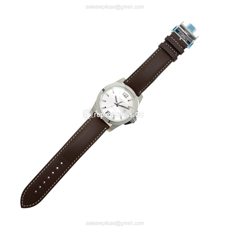 Longines CONQUEST Replica - Quartz - Stainless Steel - White Dial, Brown Leather Strap - View 2