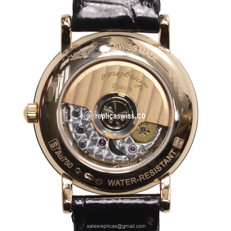 Longines LA GRANDE Replica - Automatic 18kt Rose Gold - White Dial - Black Alligator Strap - View 2
