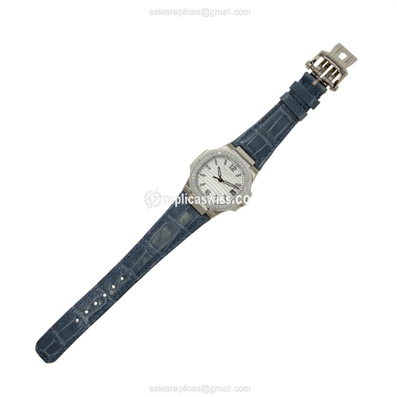 Patek Philippe 7010G-011 Replica - Quartz - White Gold - Diamond - Silver Dial - Blue Alligator Strap - View 2