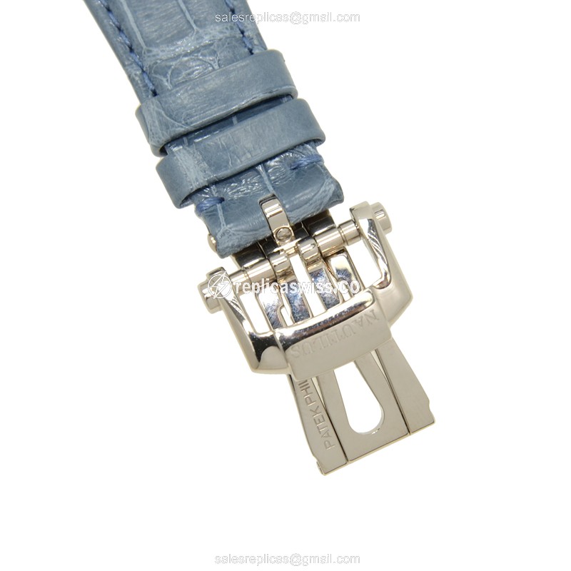 Patek Philippe 7010G-011 Replica - Quartz - White Gold - Diamond - Silver Dial - Blue Alligator Strap - View 4